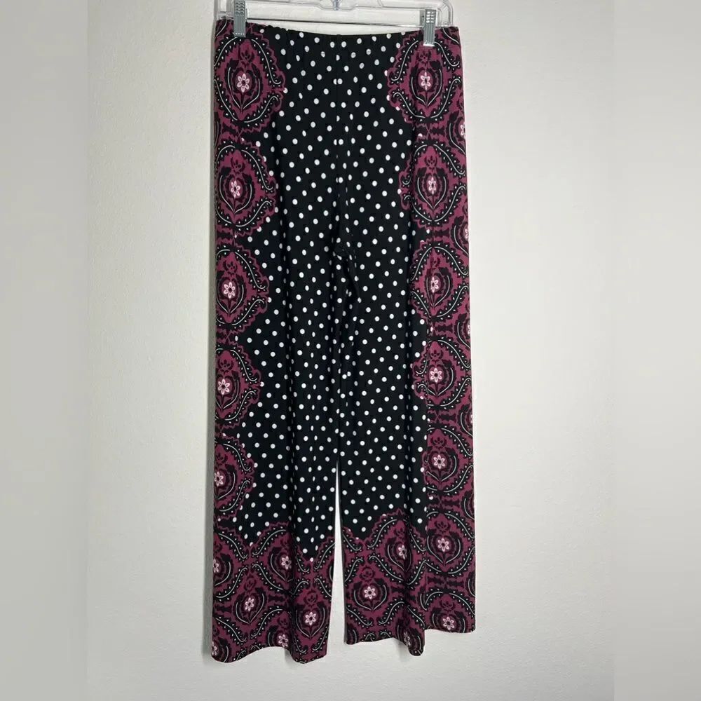 Cato Womens Lounge Pants Wide Leg  Sz SP Black Floral Polka Dot Stretch